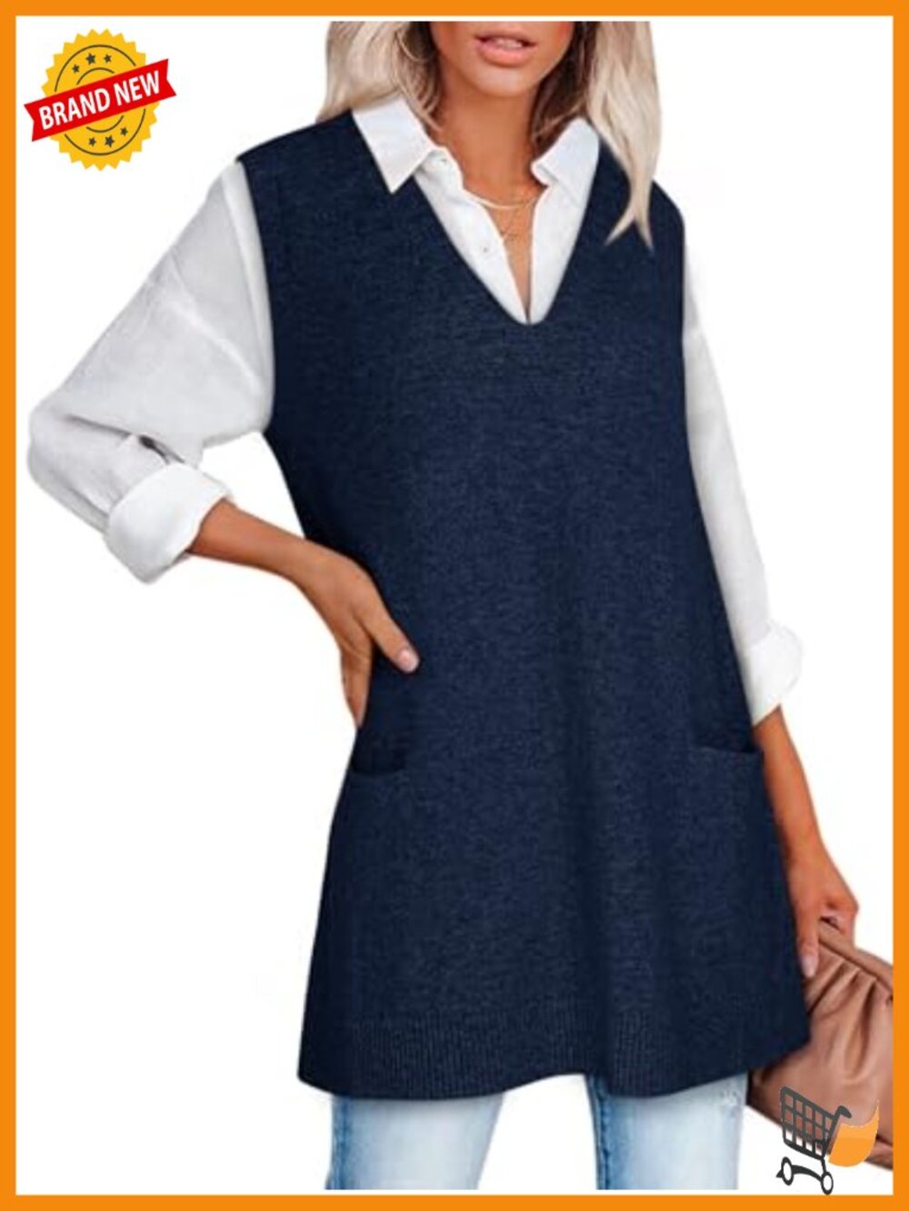 Womens Oversized V Neck Sweater Vest Sleeveless Tunic Mini Dress with Pockets